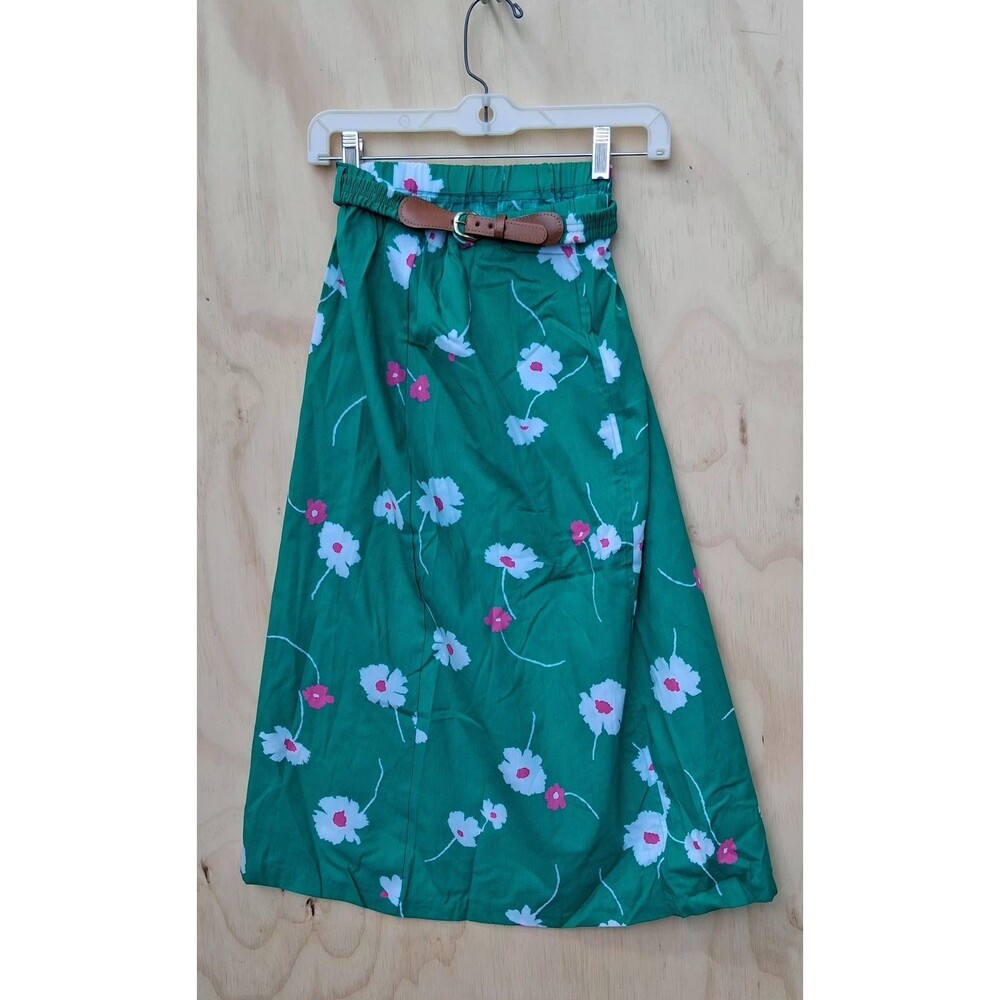 NWT Vintage Green Floral Midi Skirt USA 8 Hunter Sportswear Cottagecore Belted
